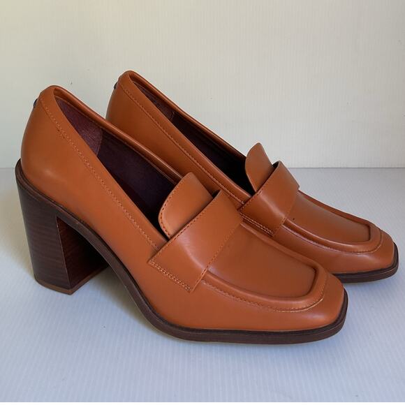 Franco Sarto Tan Leather Block Heel Loafers Women’s Sz 9.5M Classic Penny Heels - Picture 3 of 9